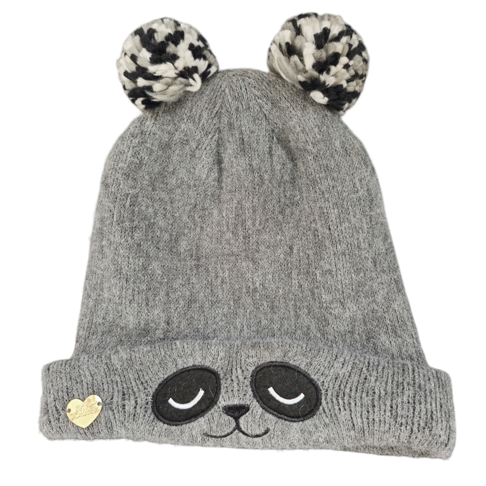 Betsy Johnson Grey Cozy Fun Quirky Panda Beanie Hat with Pom Ears Womens One Sz